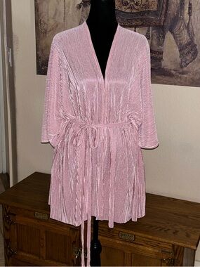 Kate Modal Champagne Wrap Top Belted Short Sleeve Plisse Night Gown Cover S/M